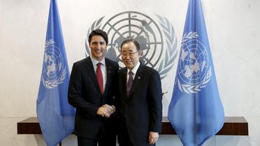 Canadian Prime Minster Justin Trudeau (L) shakes hands with United Nations Secretary General Ban Ki-moon at United Nations Headquarters in the Manhattan borough of New York, March 16, 2016. REUTERS