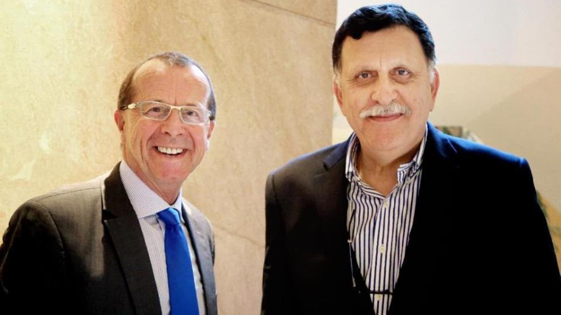 In this Feb. 17, 2016 file photo, U.N. special envoy for Libya Martin Kobler, left, is greeted by Fayez Serraj, Libyan designated-prime minister and head of the presidential council, in Cairo, Egypt (AP)