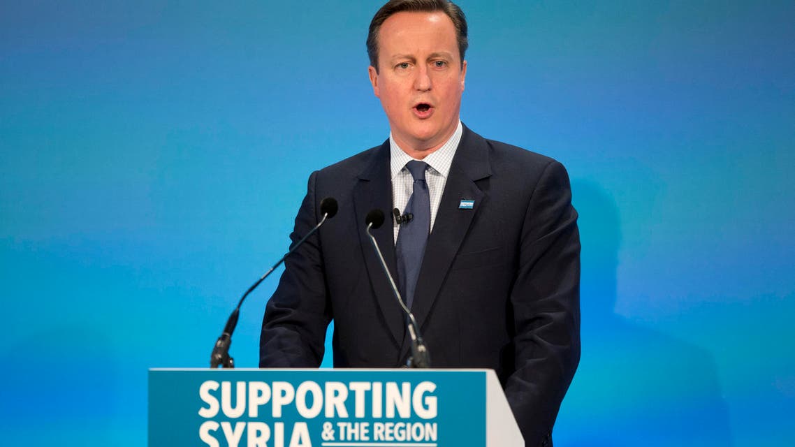 British Prime Minister David Cameron speaks during the co-hosts press conference near the end of the 'Supporting Syria and the Region' conference at the Queen Elizabeth II Conference Centre in London, Thursday, Feb. 4, 2016. (AP)