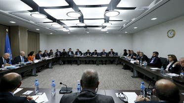 The delegation of the High Negotiations Committee (HNC) and U.N. mediator Staffan de Mistura are seen at the start of a meeting during Syria peace talks at the United Nations in Geneva, Switzerland, in this March 17, 2016 file photo (Reuters)