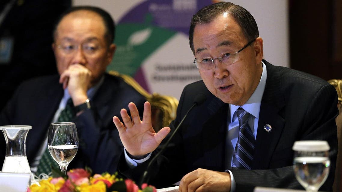 United Nations Secretary-General Ban Ki-moon, right, speaks during a press conference with World Bank Group President Jim Yong Kim, left, and Islamic Development Bank President Ahmad Mohamed Ali Al-Madani, in Beirut, Lebanon, Friday, March 25, 2016. (AP)