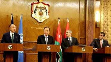 From left to right, World Bank President Jim Yong Kim, UN Secretary-General Ban Ki-moon, Jordan's Foreign Minister Nasser Judeh and Jordan's Planning Minister Imad Fakhoury, hold a press conference at the Ministry of Foreign Affairs in Amman, Jordan, Sunday, March 27, 2016. (AP)