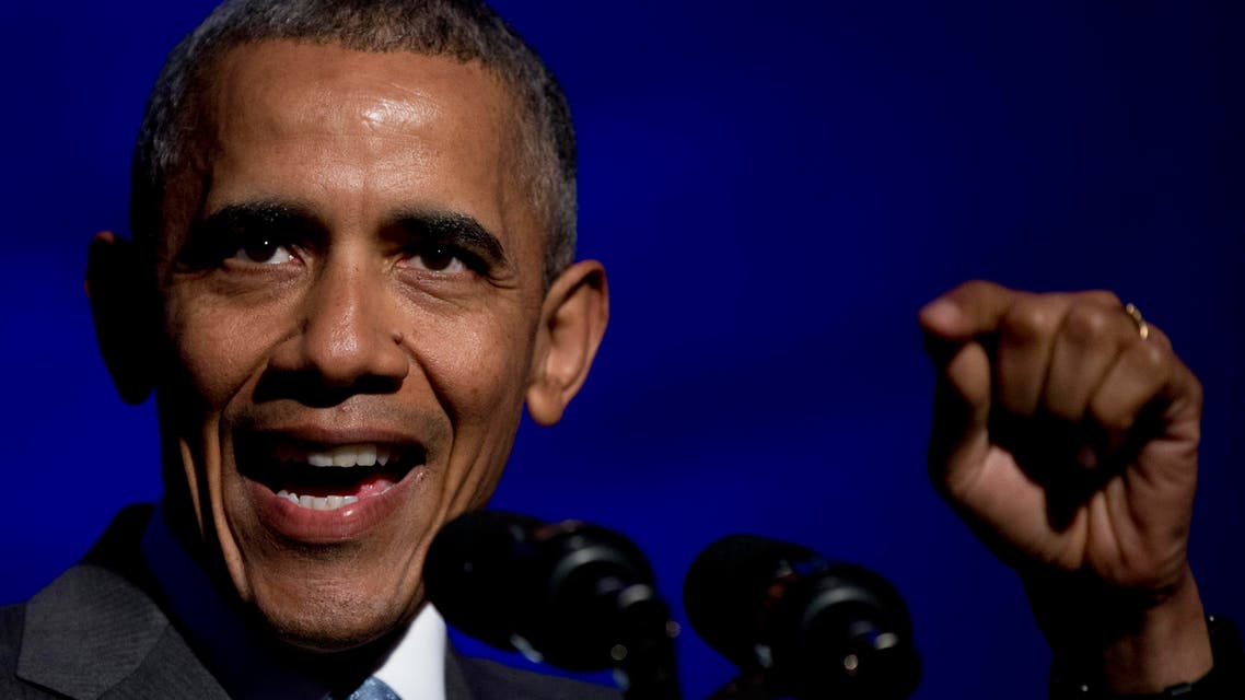 President Barack Obama speaks during the awards dinner for Syracuse University’s Toner Prize for Excellence in Political Reporting at Andrew W. Mellon Auditorium, in Washington, Monday, March 28, 2016. (AP)