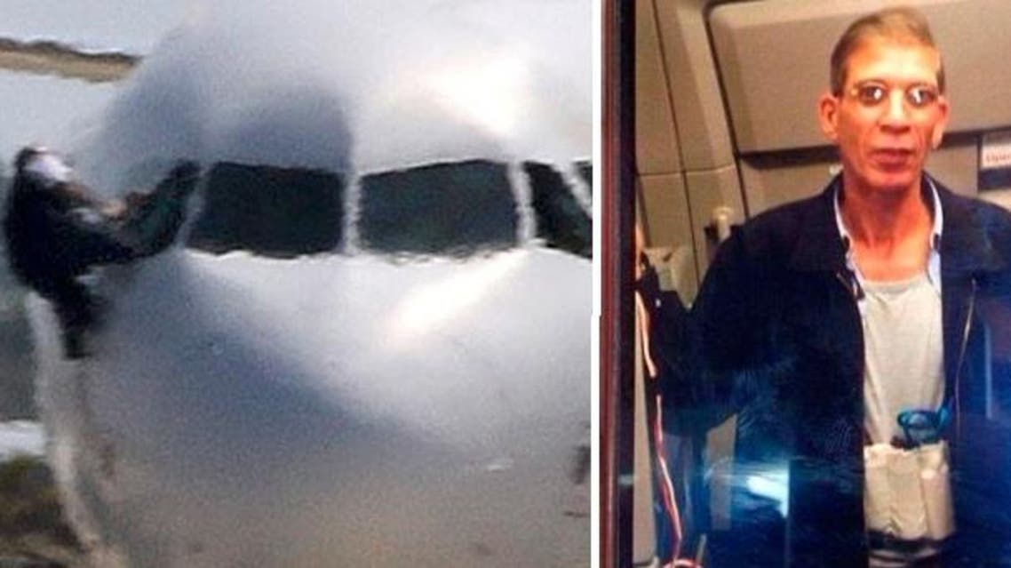 A passenger leaves the hijacked aircraft of Egyptair after landing at Larnaca airport in Larnaca, Cyprus/ EgyptAir hijacker Seif el-Din Mustafa. (Al Arabiya/ Twitter)