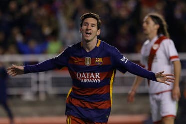 Barcelona's Lionel Messi celebrates after scoring his side's third goal against Rayo Vallecano during a Spanish La Liga soccer match between Barcelona and Rayo Vallecano at the Vallecas stadium in Madrid, Thursday, March 3, 2016. (AP)