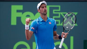 Key Biscayne, FL, USA; Novak Djokovic celebrates after match point against David Goffin (not pictured) during a men's singles semifinal on day twelve of the Miami Open at Crandon Park Tennis Center. Djokovic won 7-6(5), 6-4. Mandatory Credit: Geoff Burke-USA TODAY Sports