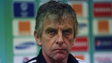  Algeria's soccer coach, Christian Gourcuff, attends a press conference ahead of their final Group C Match on Tuesday against Senegal's at Estadio De Malabo in Malabo, Equatorial Guinea, Monday, Jan. 26, 2015. (AP Photo/Sunday Alamba)