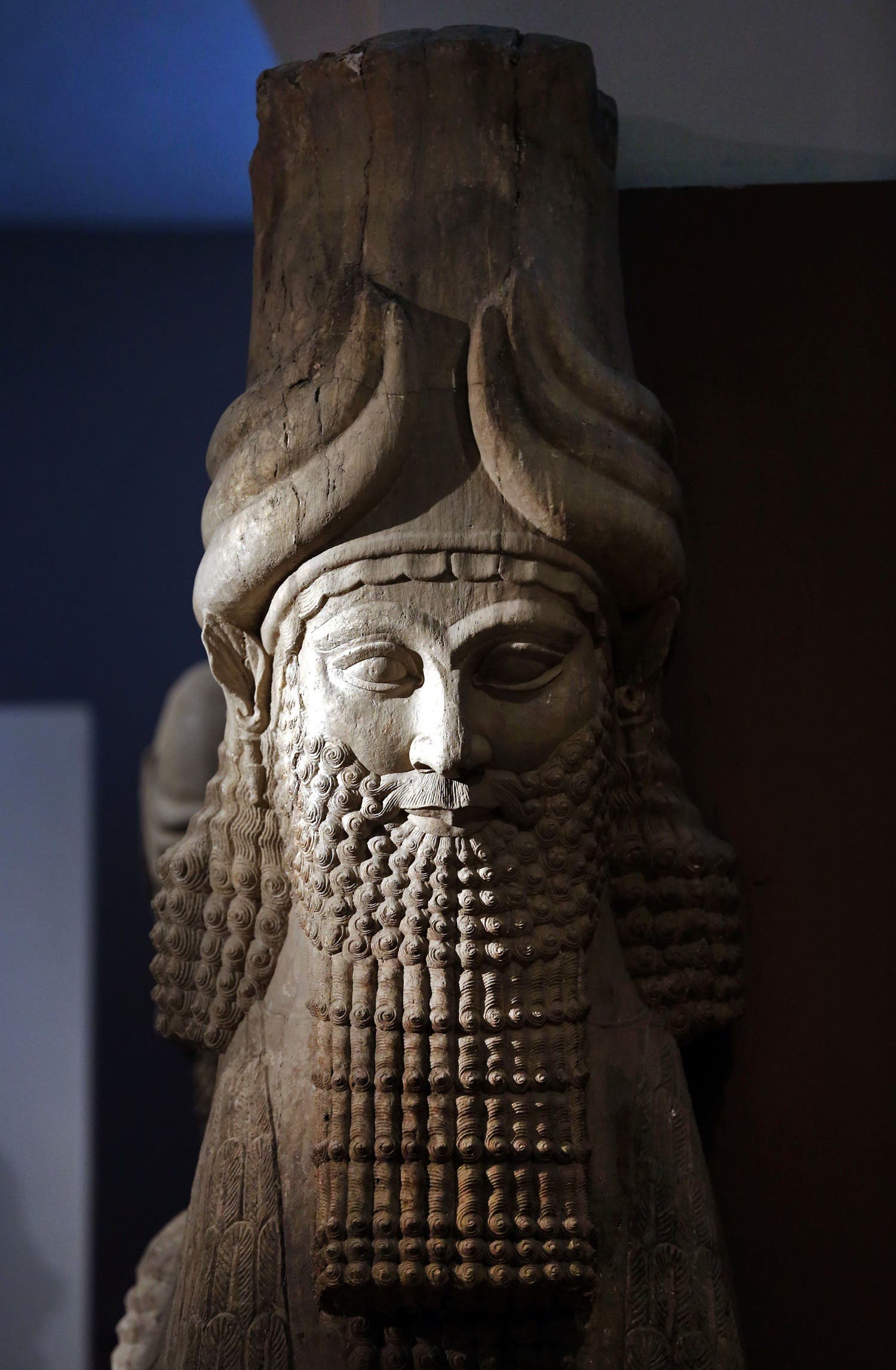 his file photo taken on Monday, Sept. 15, 2014, shows a detail of a statue of Lamassu, the great winged bull from the Assyrian period displayed at the Iraq National Museum in Baghdad. (AP)