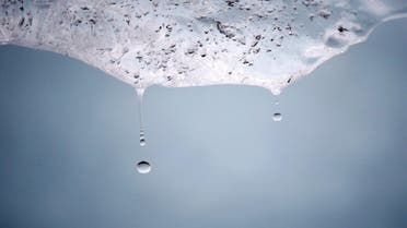 Droplets of water fall from a melting ice block harvested from Greenland and installed on Place du Pantheon for a project called Ice Watch Paris. (File photo: Reuters)