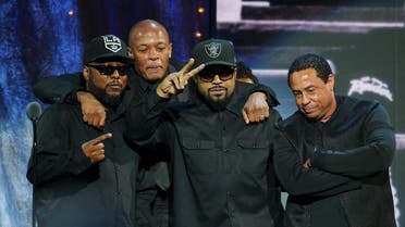 (L-R) MC Ren, Dr. Dre, Ice Cube and DJ Yella of N.W.A. pose for a picture onstage after speaking at the 31st annual Rock and Roll Hall of Fame Induction Ceremony at the Barclays Center in Brooklyn, New York April 8, 2016. REUTERS