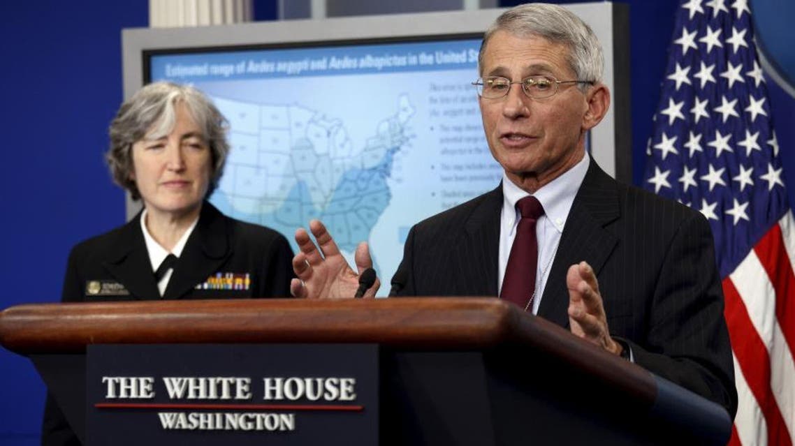 Dr. Anthony Fauci (R), director of the National Institute for Allergy and Infectious Disease, and Dr. Anne Schuchat, Principal Deputy Director for Centers of Disease Control Prevention, speak about the Zika virus at the White House in Washington April 11, 2016. REUTERS/Kevin Lamarque