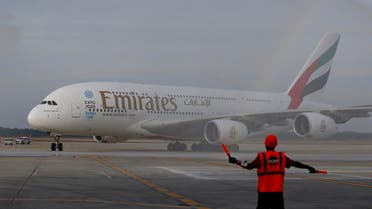 Emirates' inaugural A380 flight to George Bush Intercontinental Airport touches down on Wednesday, Dec. 3, 2014, in Houston, TX. (Aaron M. Sprecher/AP Images for Emirates)