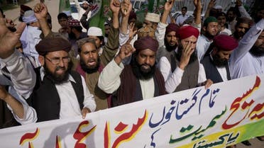 Activists of Pakistani religious group Sunni Tehreek demanding executions of court sentences given under the blasphemy law, during a protest in Rawalpindi, Pakistan, Friday, April 15, 2016. Banner reads "court sentences awarded to all blasphemers including Asia, should be implemented. " Asia Bibi, a Christian woman sentenced for death for blasphemy (AP)