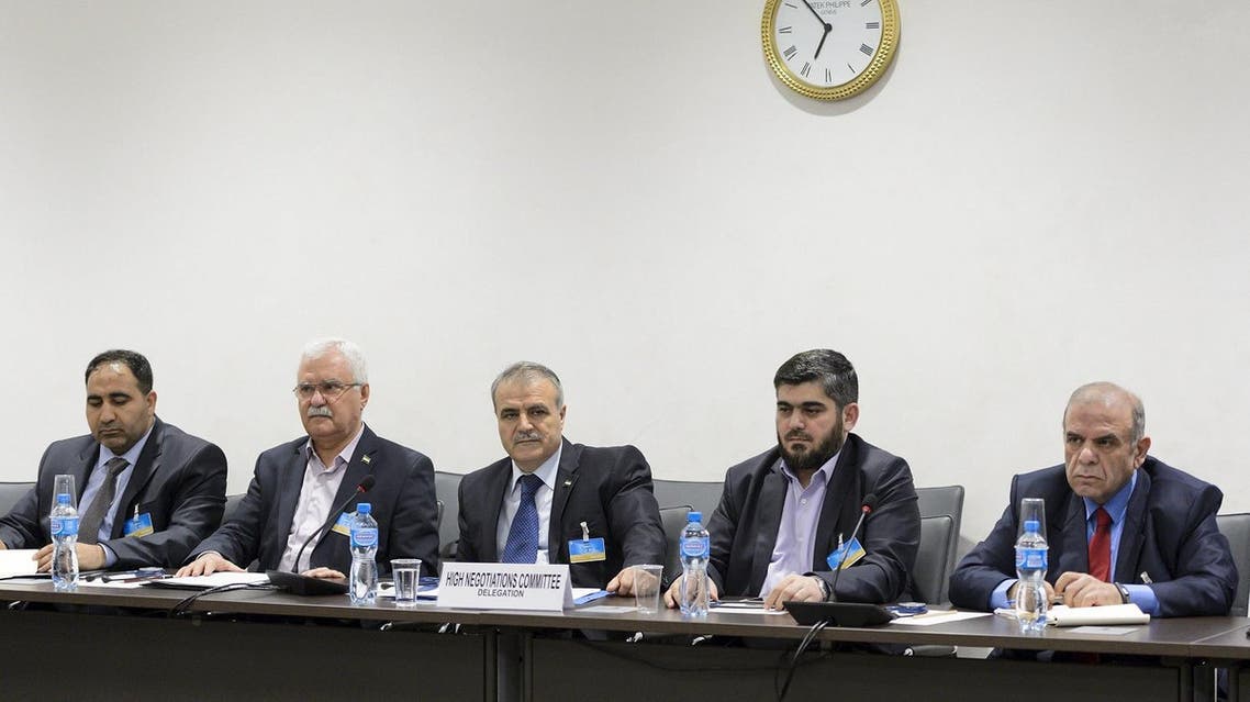 Members of the Syrian opposition delegation of the High Negotiations Committee (HNC) George Sabra (2nd L) delegation head Asaad Al-Zoubi (C) and Chief negotiator, Army of Islam rebel group's Mohammed Alloush (2nd R) attend a meeting with U.N. mediator on Syria Staffan de Mistura during Syria peace talks at the United Nations in Geneva, Switzerland, April 15, 2016. REUTERS
