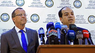 A member of the Presidential Council of Government of National Accord, Ahmed Maiteeq (R) and U.N. Special Representative and Head of the United Nations Support Mission in Libya, Martin Kobler (L) hold a joint news conference in Tripoli, Libya, April 17, 2016. REUTERS