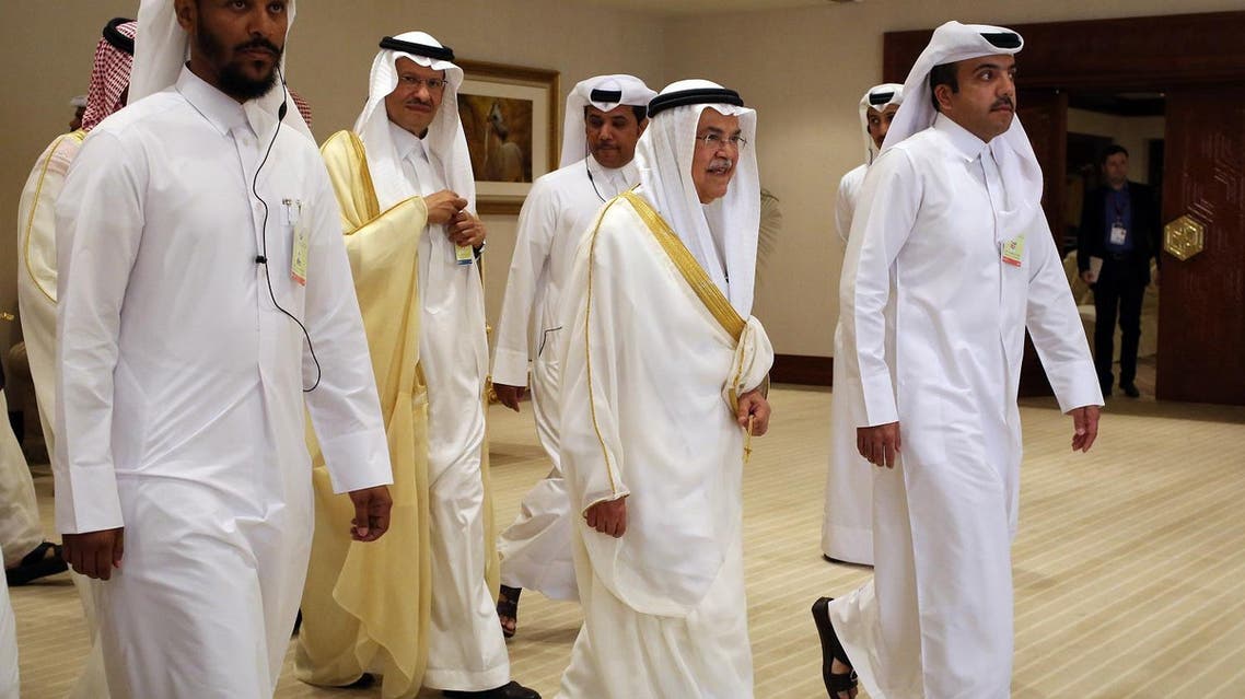 Saudi Oil Minister Ali al-Naimi, center right, arrives at an oil-producers' meeting in Doha, Qatar, on Sunday, April 17, 2016. Oil-producing countries are meeting in Qatar to discuss a possible freeze of production to counter low global prices, but Iran's last-minute decision to stay home could dilute the impact of any agreement. (AP Photo/Jon Gambrell)