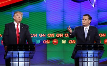 Republican presidential candidate, Sen. Ted Cruz, R-Texas, speaks as Republican presidential candidate, businessman Donald Trump listens, during the Republican presidential debate sponsored by CNN, Salem Media Group and the Washington Times at the University of Miami, Thursday, March 10, 2016, in Coral Gables, Fla. (AP)