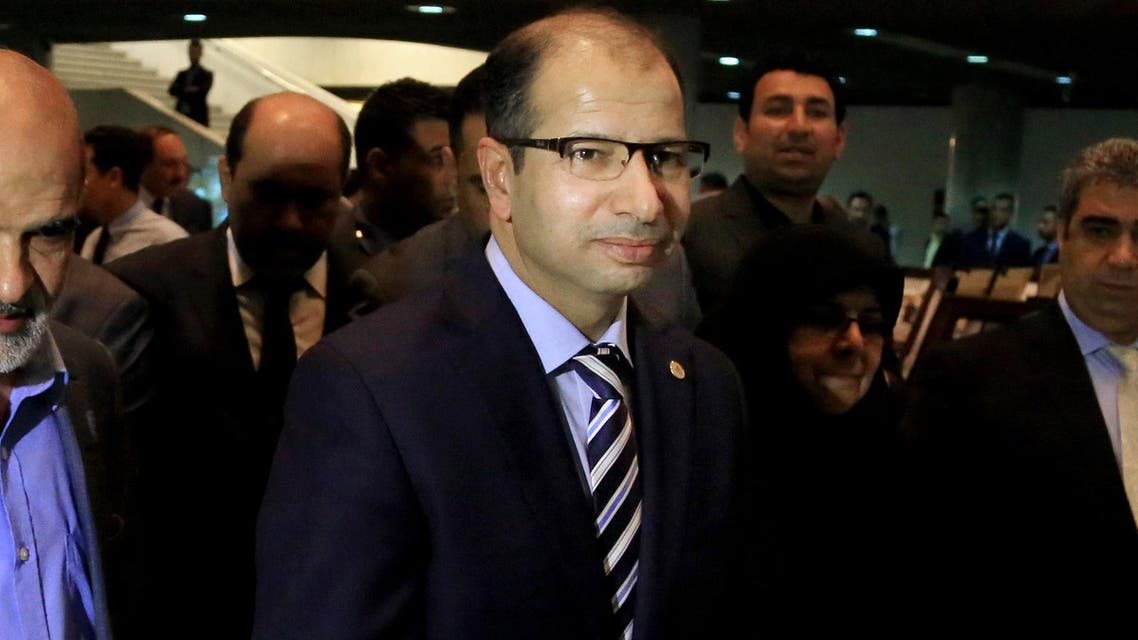 Iraqi parliament speaker Salim al-Jabouri arrives for a press conference in Baghdad, Iraq, Wednesday, April 13, 2016. (AP)