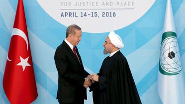 Turkish President Tayyip Erdogan (L) welcomes his Iranian counterpart Hassan Rouhani during the Organisation of Islamic Cooperation (OIC) Istanbul Summit in Istanbul, Turkey April 14, 2016. (Reuters)