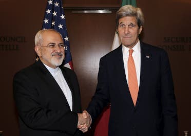 U.S. Secretary of State John Kerry (R) meets with Iran's Foreign Minister Mohammad Javad Zarif at the United Nations Headquarters in New York City, U.S., April 19, 2016. REUTERS
