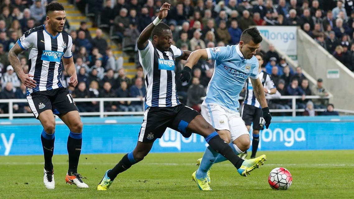 Football Soccer - Newcastle United v Manchester City - Barclays Premier League - St James' Park - 19/4/16 Manchester City's Sergio Aguero goes down under the challenge from Newcastle's Chancel Mbemba leading to appeals for a penalty. (Reuters)