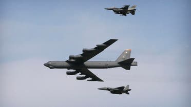 A U.S. Air Force B-52 bomber flies over Osan Air Base in Pyeongtaek, South Korea, Sunday, Jan. 10, 2016. The powerful U.S. B-52 bomber flew low over South Korea on Sunday, a clear show of force from the United States as a Cold War-style standoff deepened between its ally Seoul and North Korea following Pyongyang's fourth nuclear test. (AP)