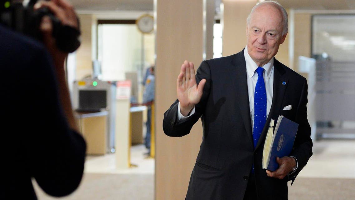 UN special envoy for Syria envoy Staffan de Mistura gestures upon his arrival for a meeting with the Syrian government delegation during Syria peace talks at the United Nations office in Geneva, Switzerland, Friday, April 22, 2016. (Fabrice Coffrini/Pool Photo via AP)