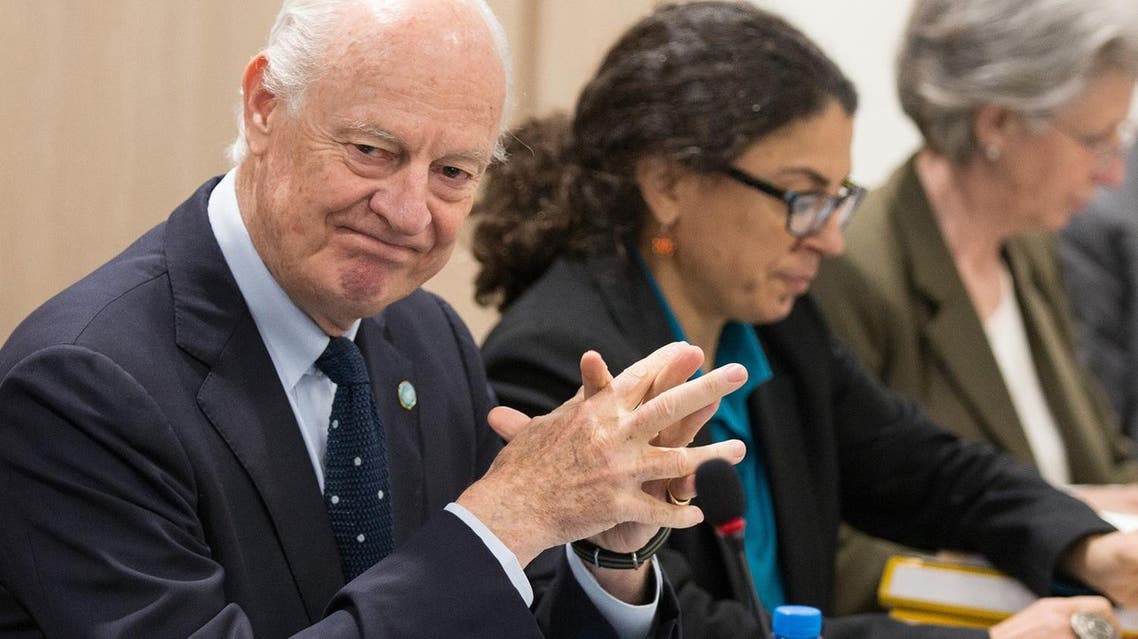 UN special envoy Staffan de Mistura, left, attends a meeting at Palais des Nations in Geneva, Switzerland, Monday, April 18, 2016. A new round of the Intra-Syria talks enters into second week with UN special envoy de Mistura holding separate discussions with government delegation and HNC delegation Monday. (Xu Jinquan/Pool Phjoto via AP))