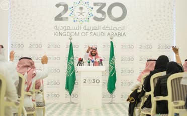 Saudi Arabia's Crown Prince Mohammed bin Salman introduces Saudi Vision 2030 during a press conference. (SPA)