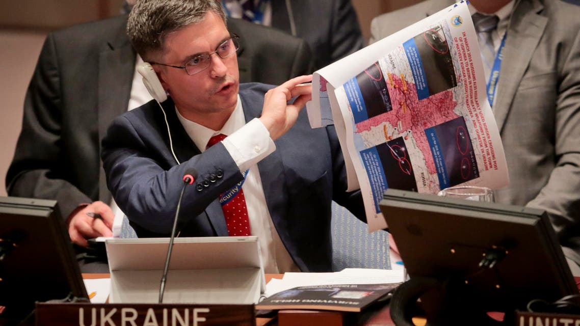 Ukraine’s Deputy Foreign Minister Vadym Prystiako display graphics during a Security Council meeting on the conflict in Ukraine, Thursday, April 28, 2016 at UN headquarters. (AP)