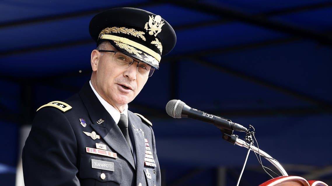 United Nations Commander Gen. Curtis M. Scaparrotti speaks during a jointly held repatriation ceremony at Knight Field at Yongsan garrison in Seoul, South Korea, Thursday, April 28, 2016. AP