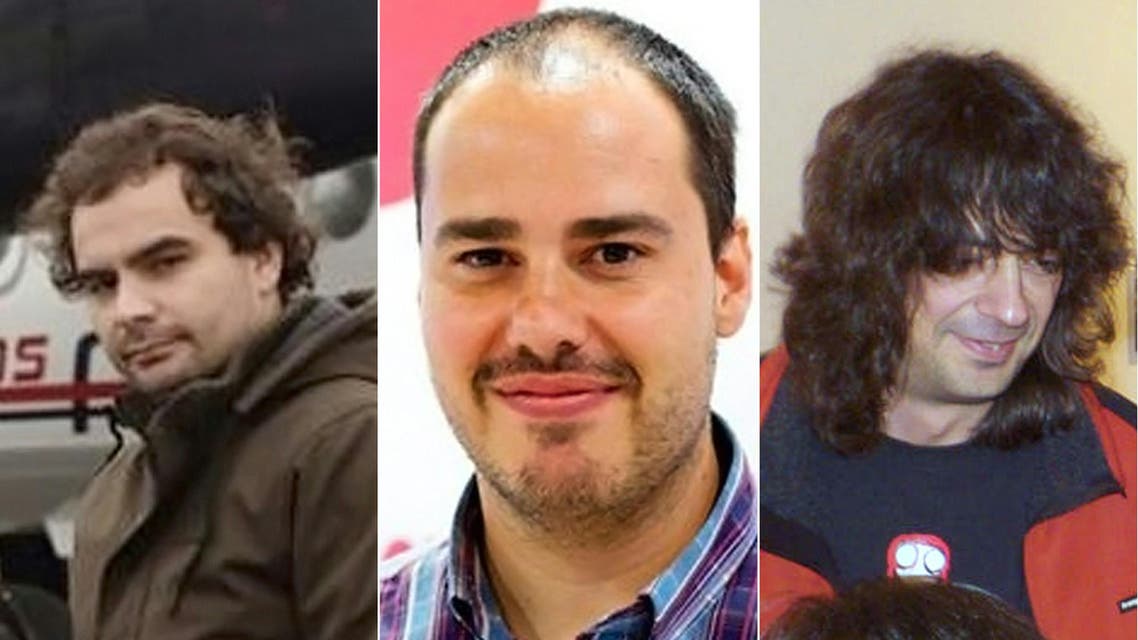 Madrid, -, SPAIN : (COMBO) This combination of undated file handout pictures in unspecified locations created on May 7, 2016 shows (L to R) Spanish freelance journalist Angel Sastre, Spanish freelance journalist Antonio Pampliega and Spanish freelance journalist Jose Manuel Lopez.