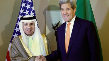Saudi Foreign Minister Adel al-Jubeir (L) shakes hand with U.S. Secretary of State John Kerry during a meeting on Syria in Geneva, Switzerland May 2, 2016.
