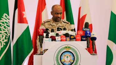 Saudi military spokesman Ahmed Asiri briefs journalists on the Saudi-led coalition's strikes on Houthi rebels in Yemen, during a press conference, in Riyadh, Saudi Arabia, Tuesday, April 14, 2015. (AP