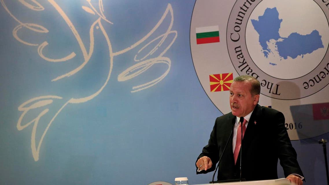 Turkey's President Recep Tayyip Erdogan, addresses military chiefs of Balkan nations during their conference, in Istanbul Wednesday, May 11, 2016. Erdogan said Turkish forces have killed some 3,000 Islamic State militants in Syria and Iraq, insisting that no other country has matched Turkey's efforts against the extremist group. At the same meeting earlier however, the Turkish military chief, put the number of IS militants killed Syria and Iraq at 1,300. (AP)