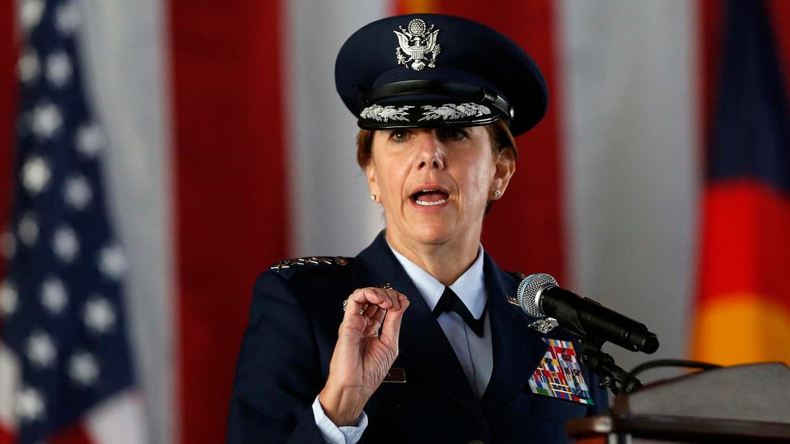 Air Force Gen. Lori J. Robinson, the incoming commander of the North American Aerospace Defense Command and U.S. Northern Command, speaks during the change of command ceremony, at Peterson Air Force Base, in Colorado Springs, Colo., Friday, May 13, 2016. Gen. Robinson is the first woman to lead a top-tier U.S. military command after taking charge Friday at NORAD and USNORTHCOM. (AP)