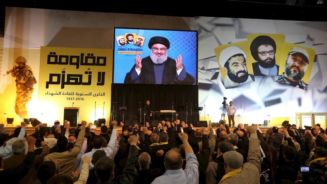 Lebanon's Hezbollah leader Sayyed Hassan Nasrallah addresses his supporters through a giant screen during a rally commemorating the annual Hezbollah Martyrs' Leader Day in Beirut's southern suburbs, Lebanon February 16, 2016. (Reuters)