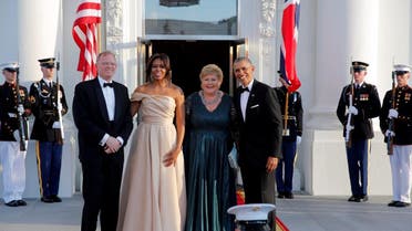 US President Barack Obama and First Lady Michelle Obama welcome Erna Solberg (2nd R) PM of Norway and Mr. Sindre Finnes (L) during the US-Nordic Leaders Summit in Washington. (Reuters)