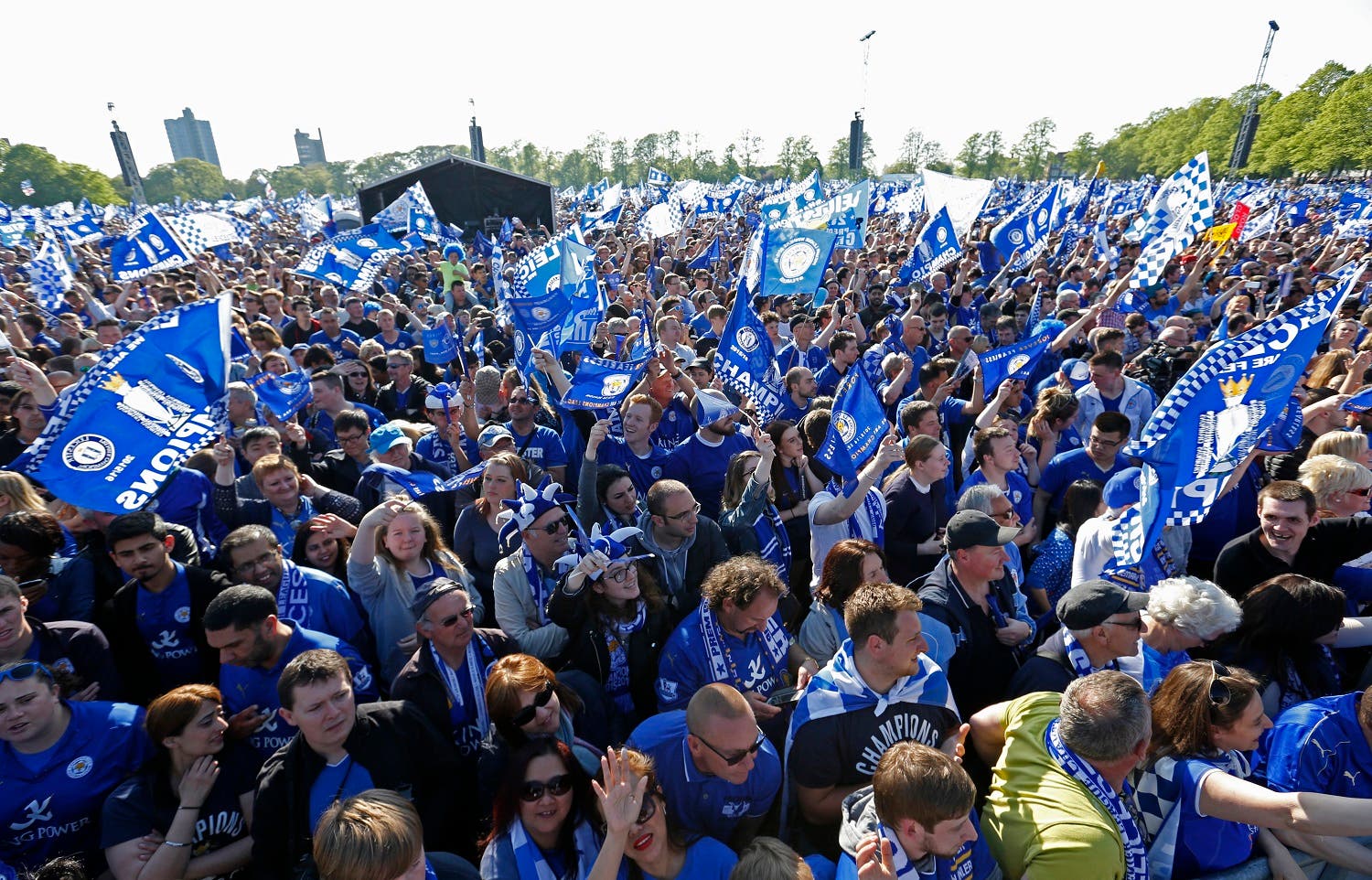Leicester City celebrate with Premier League trophy and fans during the parade. (Action Images via Reuters)