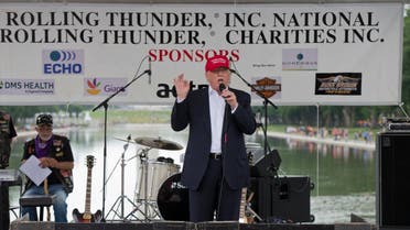Republican presidential candidate Donald Trump speaks to supporters and bikers at a Rolling Thunder rally at the National Mall in Washington, Sunday, May 29, 2016. (AP)
