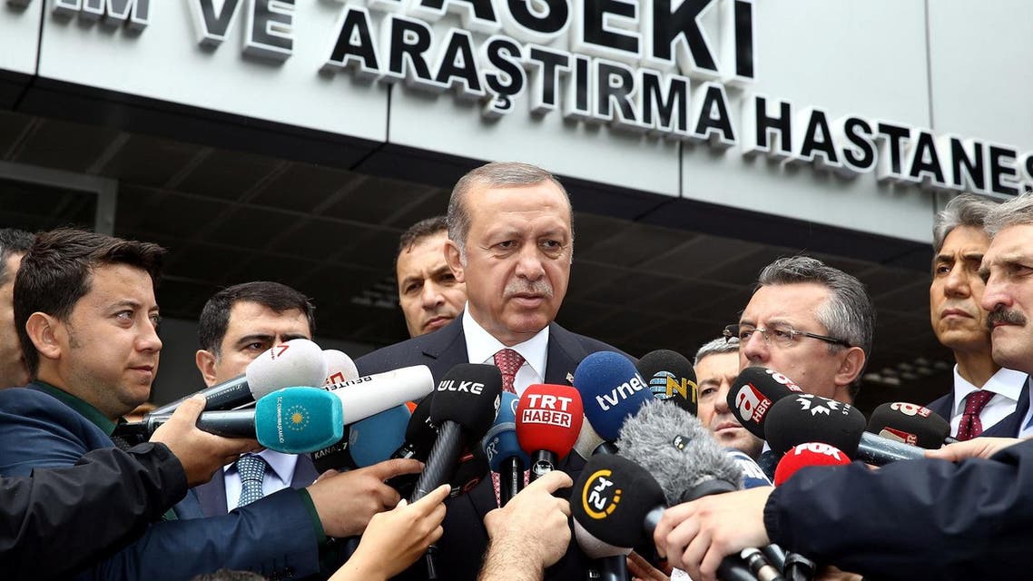 Turkish President Tayyip Erdogan talks to media after he visited people who were wounded after a car bomb ripped through a police bus, at Haseki hospital in Istanbul, Turkey, June 7, 2016. Yasin Bulbul/Presidential Palace/Handout via REUTERS
