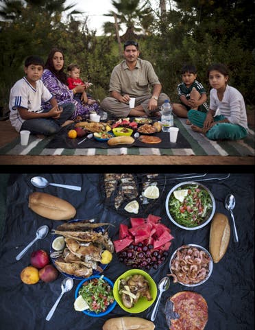 A Syrian refugee family waiting to break their fast, top, and their meal, bottom, during the holy month of Ramadan, next to the Temporary Centre for Immigrants in the Spanish enclave of Melilla, Spain. (File photo: AP)