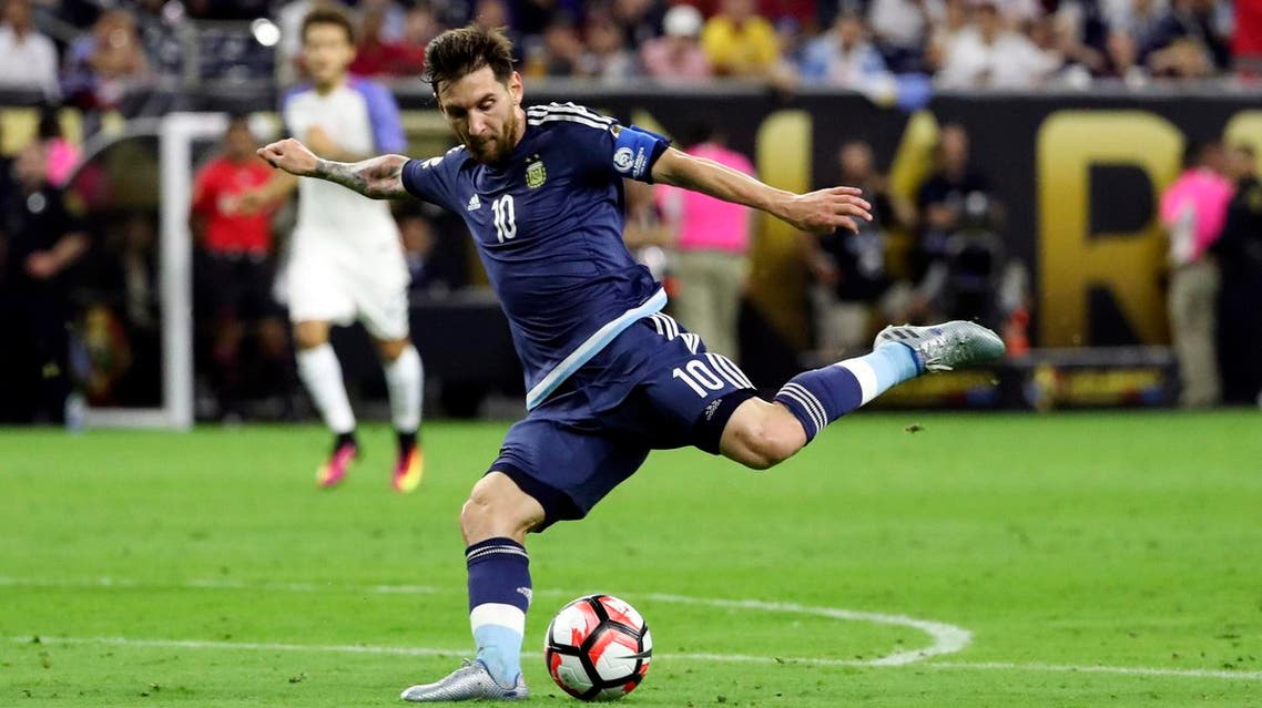 USA; Argentina midfielder Lionel Messi (10) kicks the ball during the second half for an assist against the United States in the semifinals of the 2016 Copa America Centenario soccer tournament at NRG Stadium. Mandatory Credit: Kevin Jairaj-USA TODAY Sports