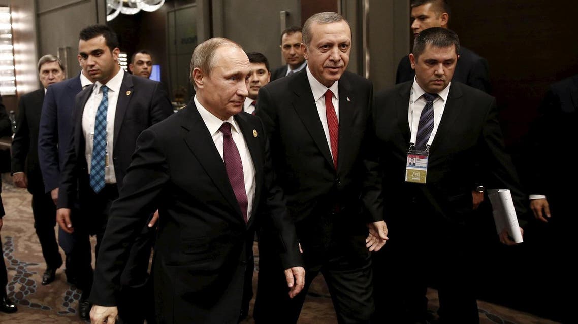 Turkey's President Tayyip Erdogan (2nd R) walks with his Russian counterpart Vladimir Putin prior to their meeting at the Group of 20 (G20) leaders summit in the Mediterranean resort city of Antalya, Turkey, November 16, 2015. REUTERS