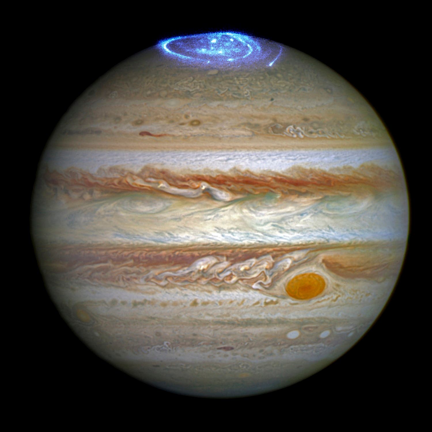 Auroras created by high-energy particles are seen on a pole of the planet Jupiter in a NASA composite of two separate images taken by the Hubble Space Telescope. (Reuters)