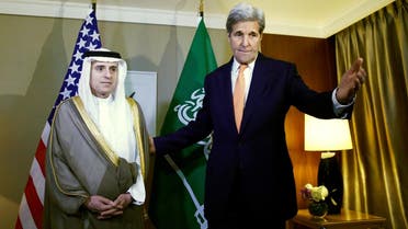 U.S. Secretary of State John Kerry (R) gestures next to Saudi Foreign Minister Adel al-Jubeir during a meeting on Syria in Geneva, Switzerland May 2, 2016. REUTERS