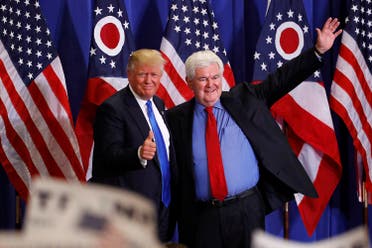 Former Speaker of the House Newt Gingrich greets U.S. Republican presidential candidate Donald Trump at a rally at the Sharonville Convention Center in Cincinnati, Ohio July 6, 2016. REUTERS