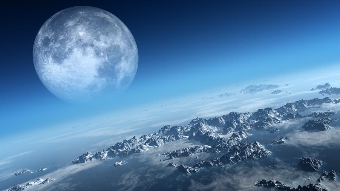 Planet Earth icy ocean and rocky islands with moon seen from space. (Shutterstock)