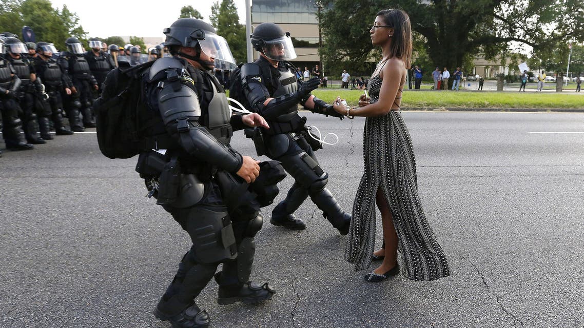Ieshia Evans, 35, was made famous by the widely-shared picture, which encapsulated for some the spirit of demonstrators across the United States protesting against how police treat people of color. (AP)