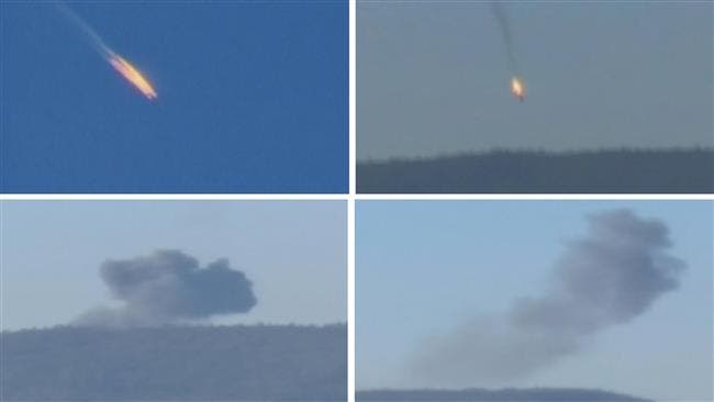 A combination picture taken from video shows a war plane crashing in flames in a mountainous area in northern Syria after it was shot down by Turkish fighter jets near the Turkish-Syrian border November 24, 2015. (Reuters)